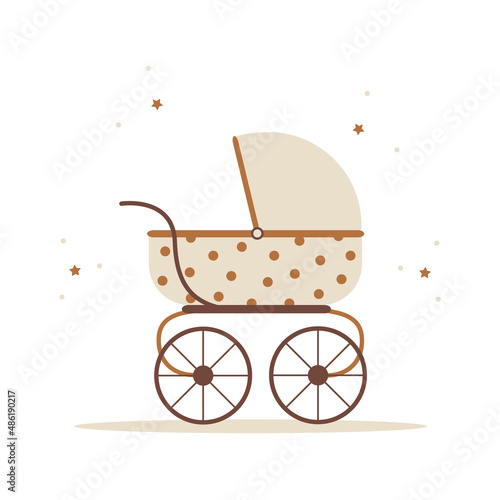 Boho baby pram. Hand drawn scandinavian element for newborn isolated on white background. Vector illustration in flat cartoon style.
