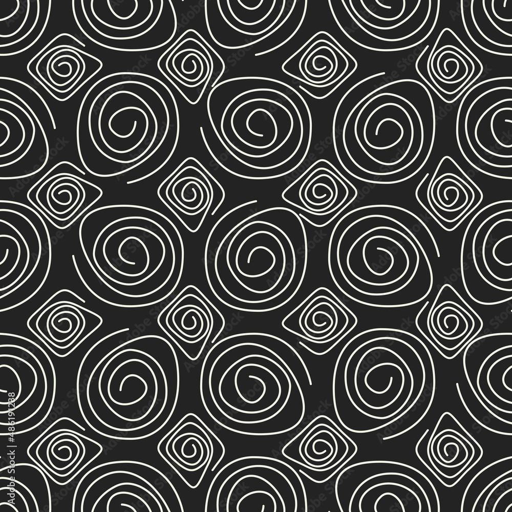 Black background and white coils seamless pattern. Vector.