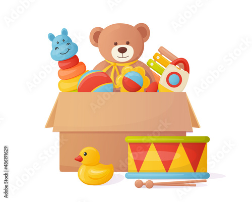 Children's toys in a box. cartoon illustration
