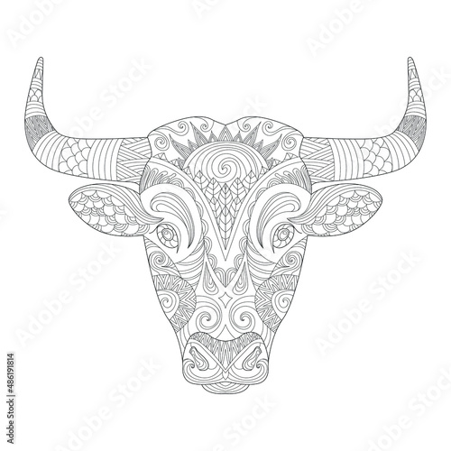 Bull head with horns line art for children or adult coloring book. Vector graphic, coloring page. Hand-drawn cow portrait with ethnic floral doodle pattern. Zendala, spiritual relaxation. Zen doodles