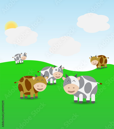  vector with a simple basic shape, a group of cows in the meadow 