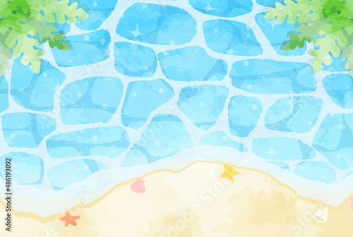 優しい水彩の海と浜の風景イラスト
