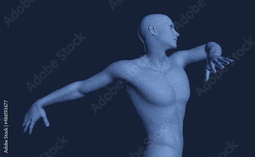 3D human body model composed of particles. Design for fashion. Art event invitation template. Vector illustration for banner, flyer, poster, cover or brochure.