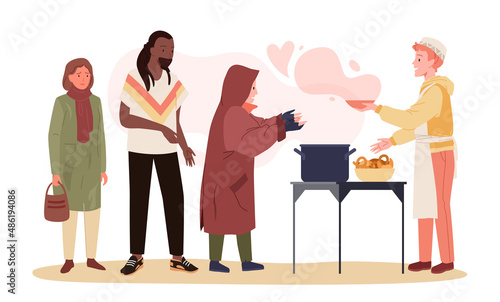 Queue of homeless people for charity help food. Desperate hungry poor person queuing for warm feeding, volunteer activities with human tolerance and care cartoon vector illustration