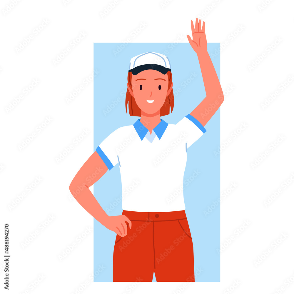 Smiling and cheerful seller girl greeting potential customers. Products offer promoting and consultancy providing, commercial salesperson assistance flat vector illustration Smiling and cheerful seller girl greeting potential customers. Products offer promoting and consultancy providing, commercial salesperson assistance flat vector illustration