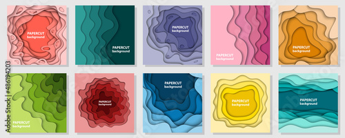 Vector collection of 10 backgrounds with colorful paper cut shapes. 3D abstract paper art style, design layout for business presentations, flyers, posters, prints, decoration, cards, brochure