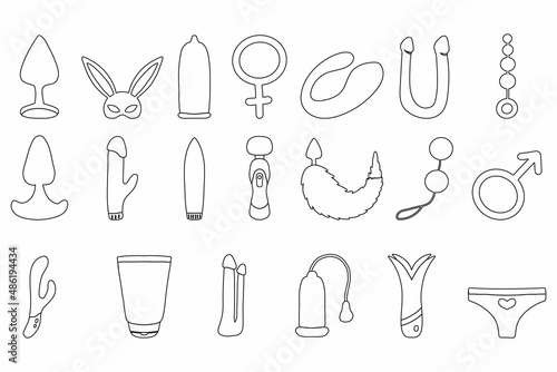Vector set of sex toys icons. Sex shop icons set. Cute bright icons for an adult store.