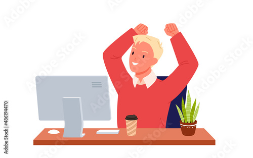Happy excited young man working at computer. Successful task completion of office worker flat vector illustration