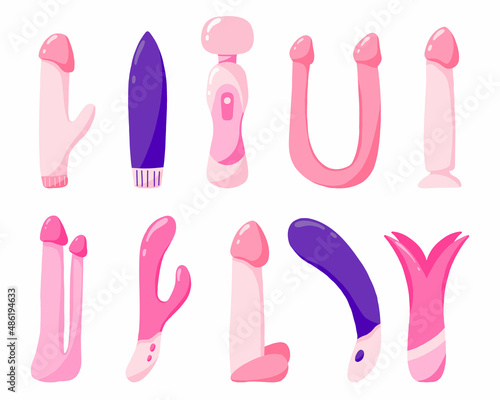 Vector set of vibrators. Flat style. Set of adult toys. Set of sex toys.