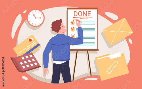 Young boy analyzing and completing tasks checklist. Effective time management for to do list, daily scheduled and planned activities, filling accomplished plans flat vector illustration