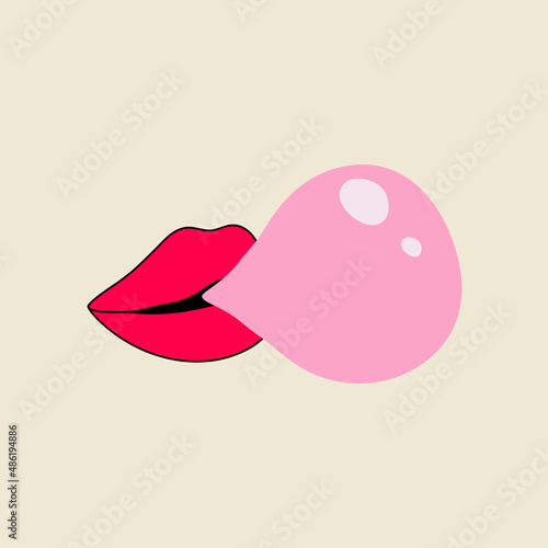 Classic 80s-90s element in modern style flat, line style. Hand drawn vector illustration of lips inflating chewing gum. Fashion patch, badge, emblem.