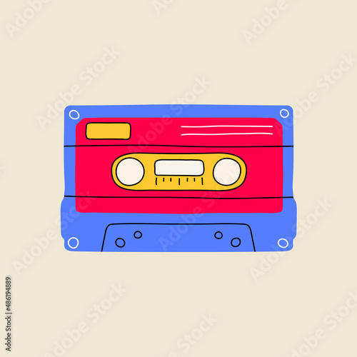 Classic 80s 90s elements in modern style flat, line art style. Hand drawn vector illustration audio or musical cassette. Fashion patch, badge, emblem, logo