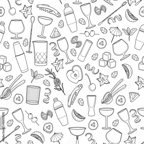 Vector bartender equipment seamless pattern.