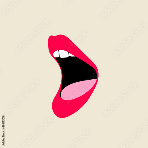 Classic nostalgic 80s-90s element in modern style flat, line style. Hand drawn vector illustration of lips, open mouth, whispering, breathing, singing, talking, podcast. Fashion patch, badge, emblem.