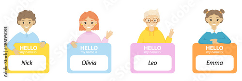 Kids name tag. "Hello my name is" sticker set. Happy cute girls and boys.