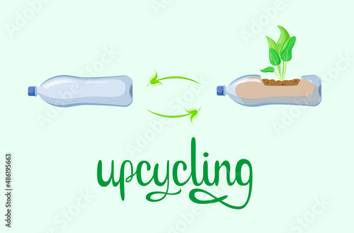 A flower pot from a plastic bottle. Upcycling. Cartoon design.