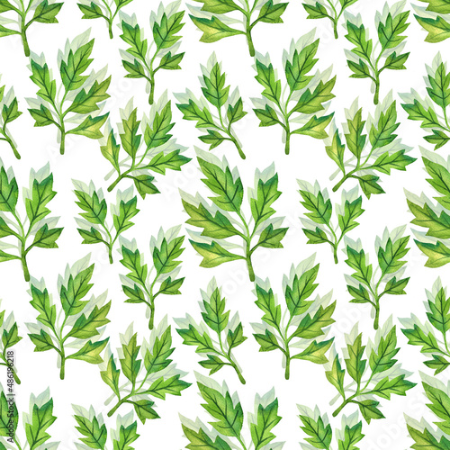 Floral background with leaves watercolor in hand drawn style. Spring leaves seamless pattern on white. Foliage  illustration for paper  textile  wrapping and wallpaper.