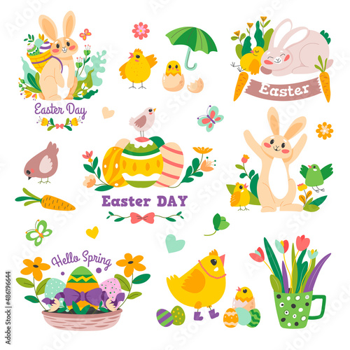 Easter holiday, hello spring, bunny and chickens