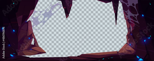 Abandoned cave cartoon background, mystic stone tunnel frame with stalactites, spiderweb and glow sparkles inside. Entrance to mountain, empty hole in rock, tunnel with copy space, Vector illustration