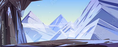 Ice cave in mountains cartoon background with snow and rocks under blue clear sky. Fantasy cavern platform on nature landscape view from inside. Wintertime iceland scene for game, Vector illustration