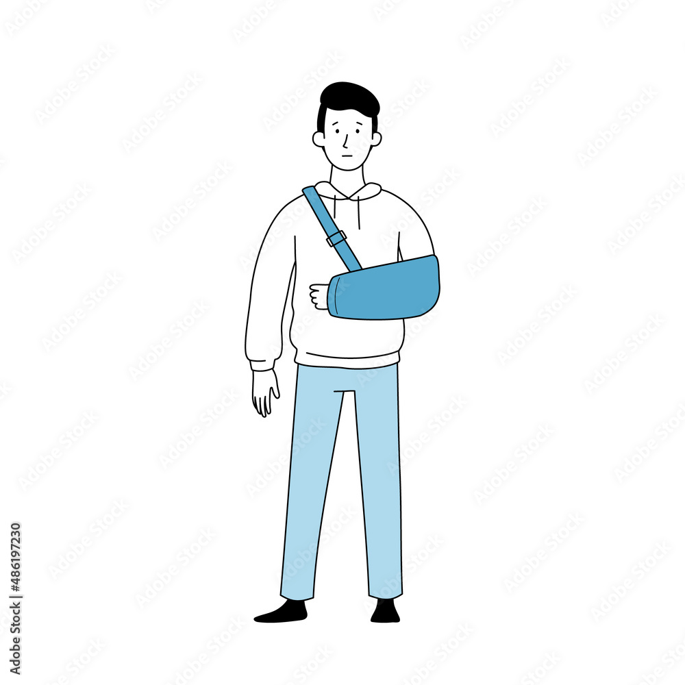 Injury man with accident bandage arm. Outline doodle style injured arm character. Sick patient person. Vector illustration.