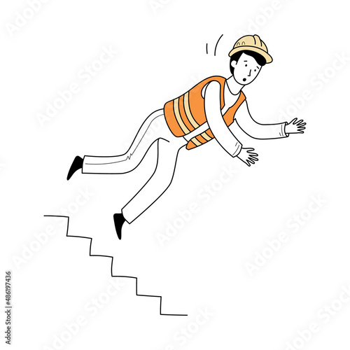 Injured worker fall accident. Line drawn doodle style character. Man with builder uniform and helmet. Industry work risk and health safety concept. Vector illustration.