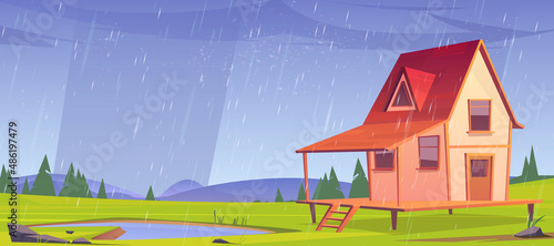 Wooden stilt house at rainy weather. Old shack with terrace on piles stand on green field with pond under rain shower and green trees around. Uninhabited forester hut, Cartoon vector illustration