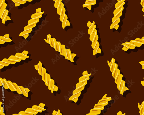  Pasta fusilli on a dark background seamless pattern. Symbol of italian cuisine menu. Vector cartoon background.
