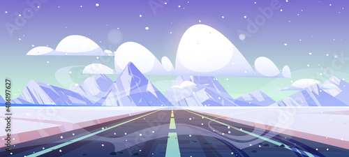 Winter highway, straight empty road disappear at mountain landscape. Way with snowy fields by sides under falling snowflakes. Scenic path with tire trails perspective view, Cartoon vector illustration