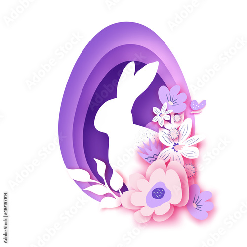 Happy Easter Day in paper art style. Cute bunny rabbit and Easter egg frame. Greeting card, posters and wallpaper. Very peri layered color.