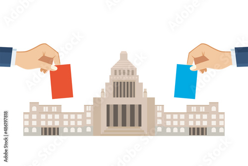 日本の国会議事堂の正面イラストと両側から投票する手　選挙　政権選択　国民投票　建物　日本政府　立法