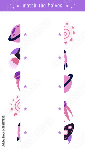 Vector template for preschool games. Find the halves. Childrens educational fun. Put the halves space elements together. Cartoon meteorit, sun and shuttle