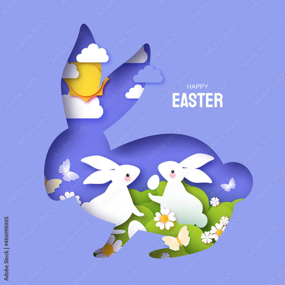 Happy Easter greetings card with Cute white rabbits in paper cut style. Bunny layered frame, flowers and butterfly. Spring holidays in modern style. Easter Egg Hunt. Spring scene. Happy Easter greetings card with Cute white rabbits in paper cut style. Bunny layered frame, flowers and butterfly. Spring holidays in modern style. Easter Egg Hunt. Spring scene.