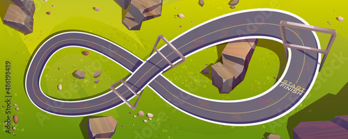 Top view of speed race car track on green hill for game background. Vector cartoon illustration of circuit road in shape of infinity sign for auto rally competition. Loop racetrack map photo