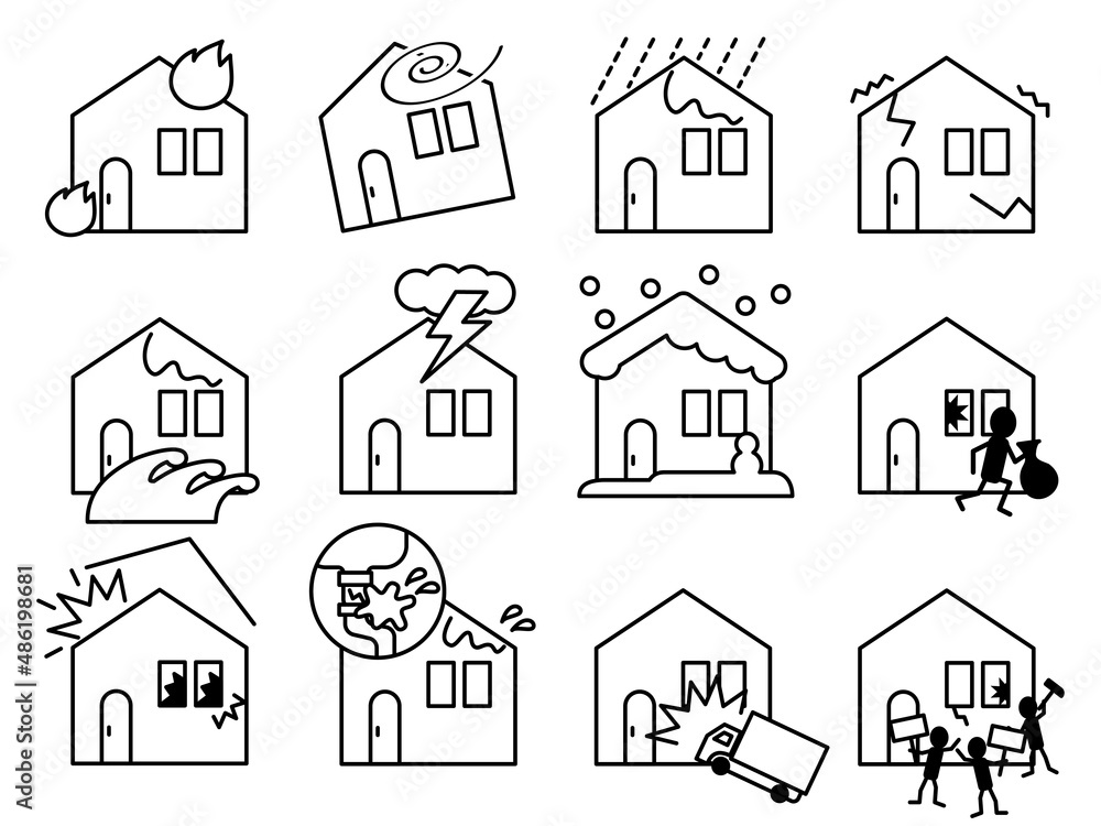 火災保険の補償内容　住宅イラストセット