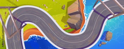 Top view of overpass car road above sea or river coast. Vector cartoon illustration of aerial view of race track for auto rally competition. Summer landscape with winding highway