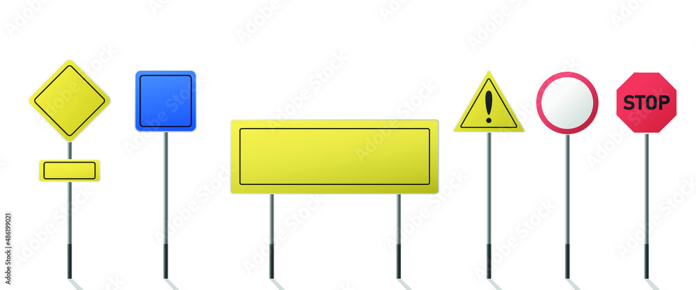 Set of road signs isolated. Direction traffic signs boards on metal stand, empty pointer post and directing signboard.