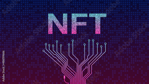 PCB tracks on bottom and crumbled text NTF non fungible token from falling golden cubes. Fragmented text from blocks on purple background. Website header or banner.