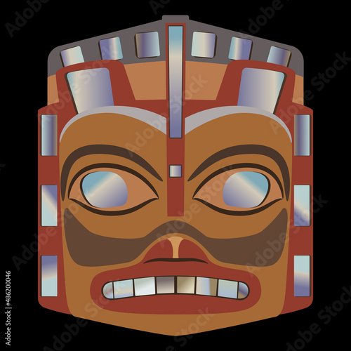 Native American ethnic mask of Haida Indians. Isolated vector illustration. On black background.