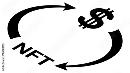 NFT and Dollar USD circulation isometric concept with symbols and cyclical arrows in monochrome silhouette isolated on white. Rotation of non fungible tokens and money.