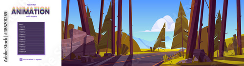 Forest landscape with road and rocks on horizon. Nature scene with asphalt highway, coniferous trees, stones and mountain valley. Vector illustration with layers ready for animation