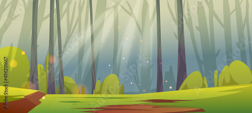 Deep forest with sunny glade, green grass and tree trunks silhouettes. Vector cartoon illustration of summer woods landscape with sunshine beams. Jungle panorama with green lawn