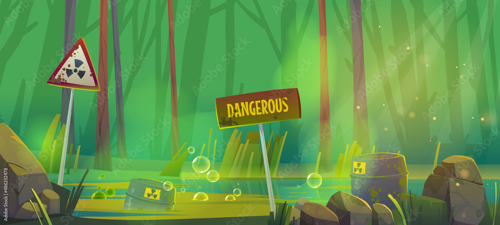 Stench dirty swamp with toxic waste barrels and warning signs. Vector cartoon illustration of environment pollution. Forest landscape with marsh with radiation contamination - obrazy, fototapety, plakaty 