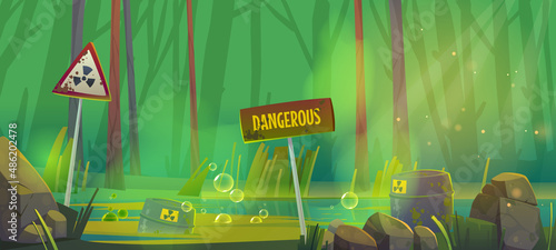 Stench dirty swamp with toxic waste barrels and warning signs. Vector cartoon illustration of environment pollution. Forest landscape with marsh with radiation contamination