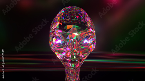 Space exploration concept. The alien's diamond face. Pink green neon color. 3d illustration
