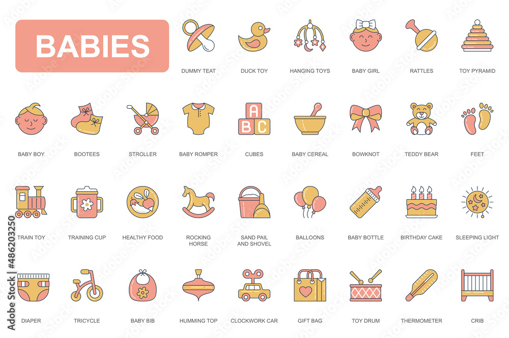 Babies concept simple line icons set. Pack outline pictograms of dummy teat, toys, bootees, stroller, teddy bear, crib, bottle, healthy food and other. Vector elements for mobile app and web design