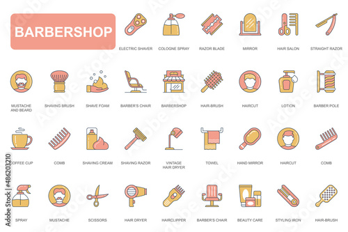 Barbershop concept simple line icons set. Pack outline pictograms of mirror, razor, mustache, beard, lotion, barber pole, scissors, shaver and other. Vector elements for mobile app and web design