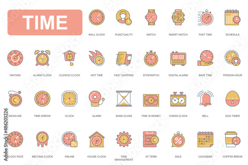 Time concept simple line icons set. Pack outline pictograms of clock, watch, punctuality, time management, alarm, stopwatch, deadline, schedule and other. Vector elements for mobile app and web design