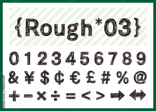 ペンの手書きの文字 数字と通貨と記号