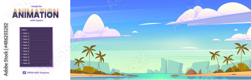 Tropical sea landscape with palm trees on sand beach and mountains. Vector parallax background ready for 2d animation with cartoon summer seascape with lagoon and rocks on horizon